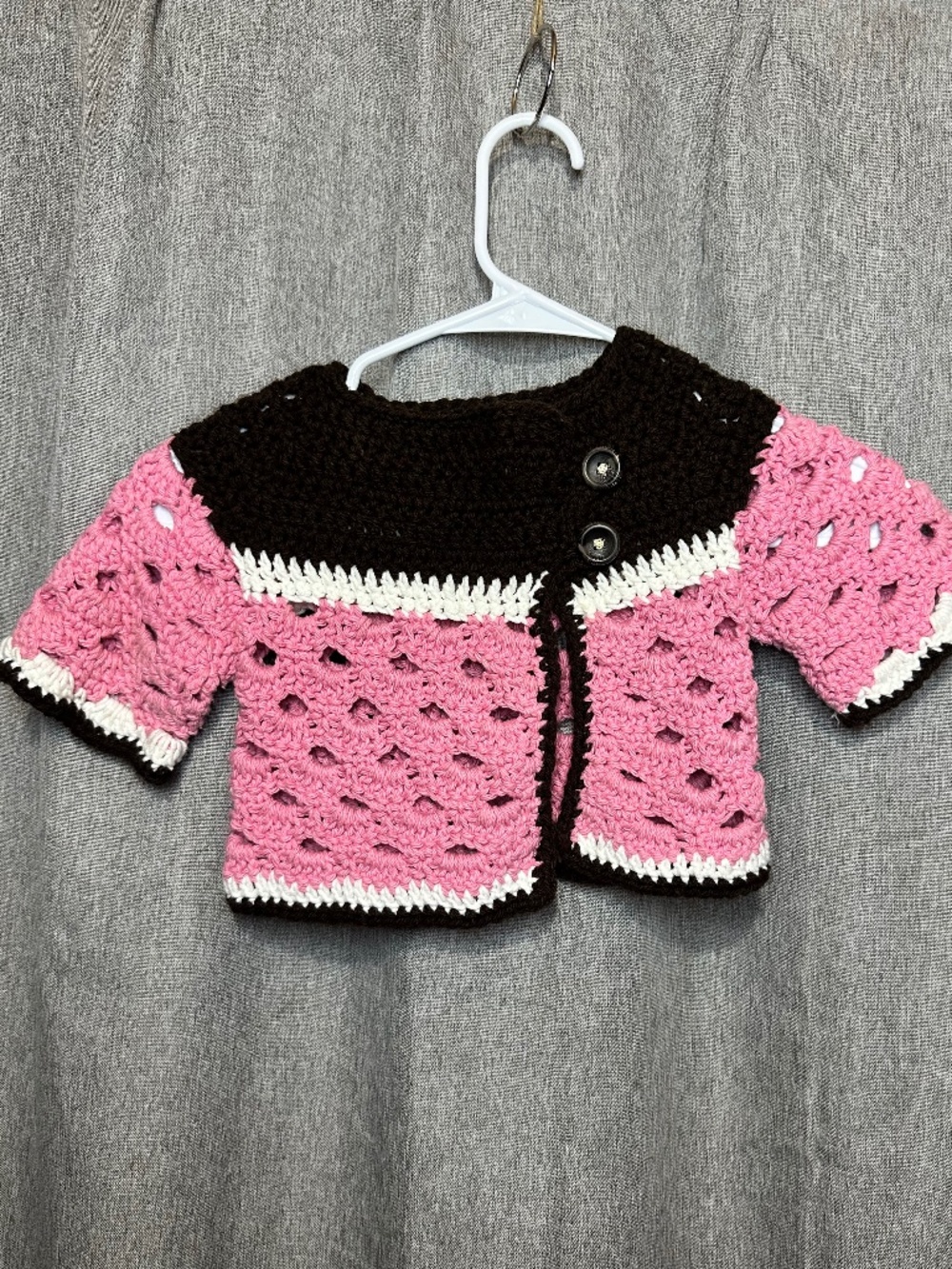 Handmade Crochet Baby Cardigan Pink & Brown Short Sleeve Knit Sweater